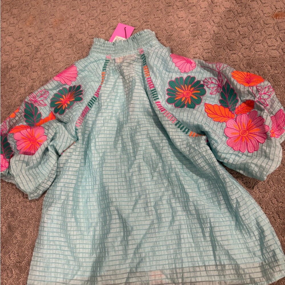 THML Aqua Peasant Top with Pink & Orange Floral Sleeves - Picture 8 of 8